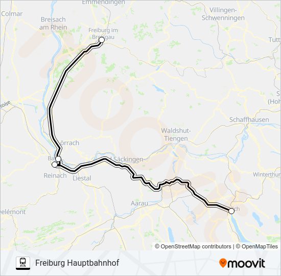 Поезд ZÜRICH HB - FREIBURG HAUPTBAHNHOF: карта маршрута