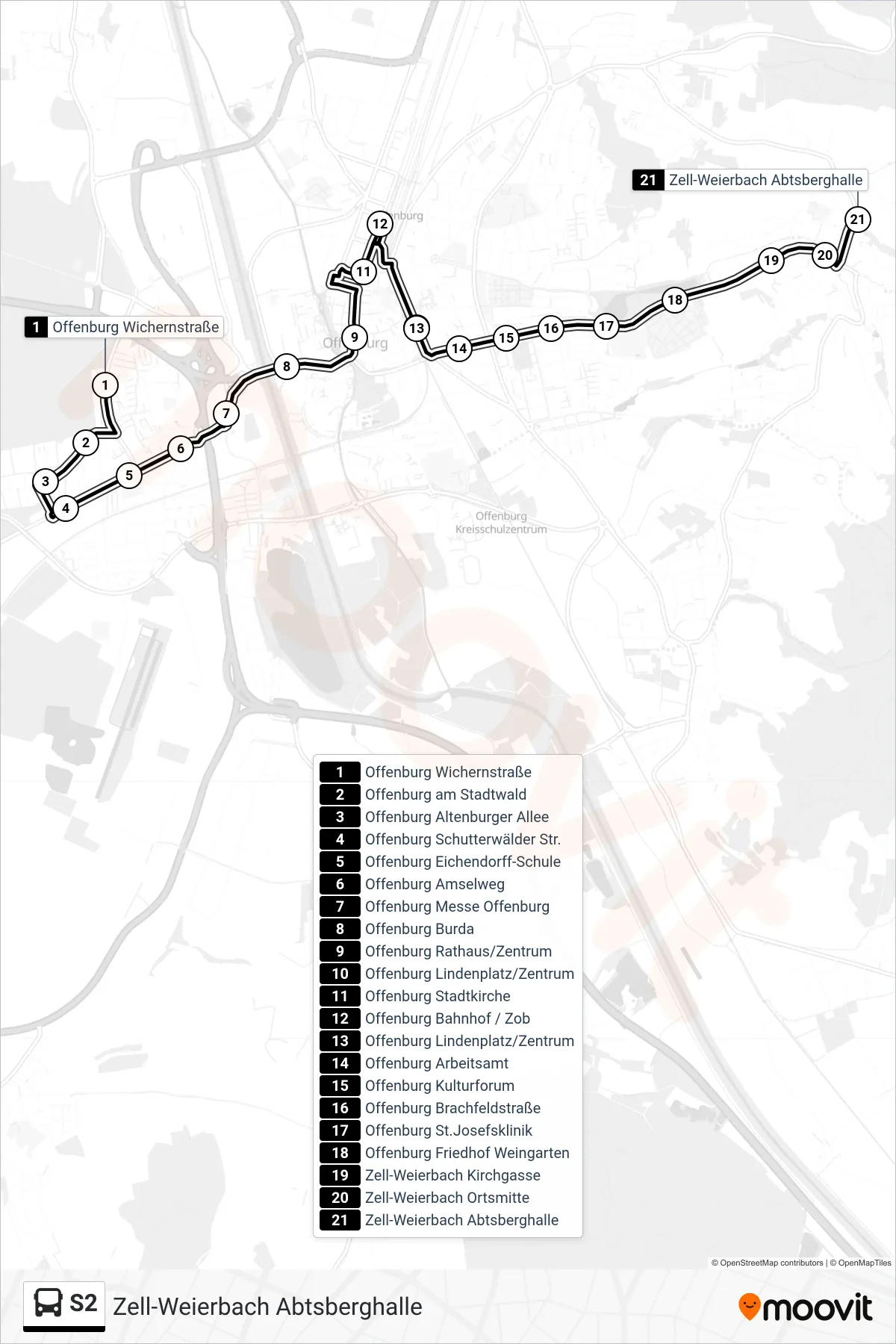 S2 tram Line (Zell-Weierbach Abtsberghalle) route and stops on a map