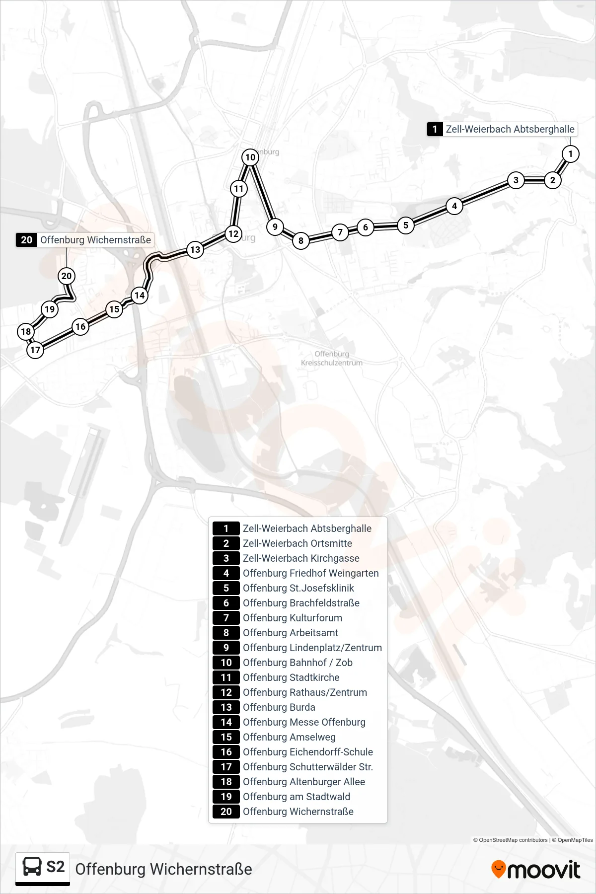S2 tram Line (Offenburg Wichernstraße) route and stops on a map