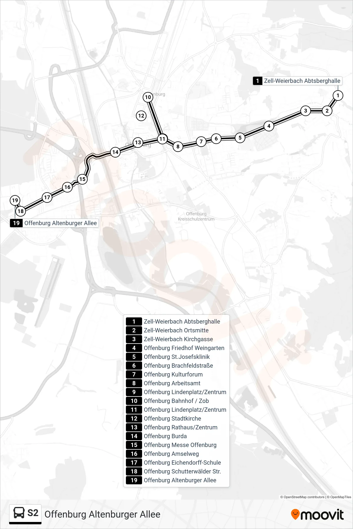 S2 tram Line (Offenburg Altenburger Allee) route and stops on a map