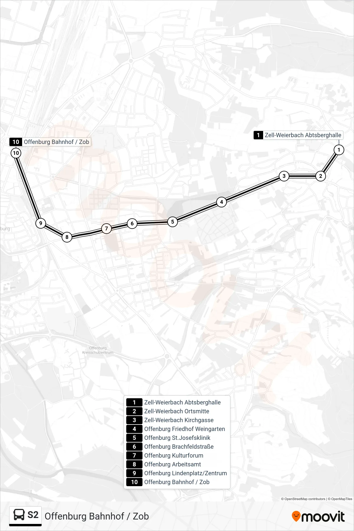Linie S2 (Tram) Richtung Offenburg Bahnhof / Zob: Route und Haltestellen auf der Karte