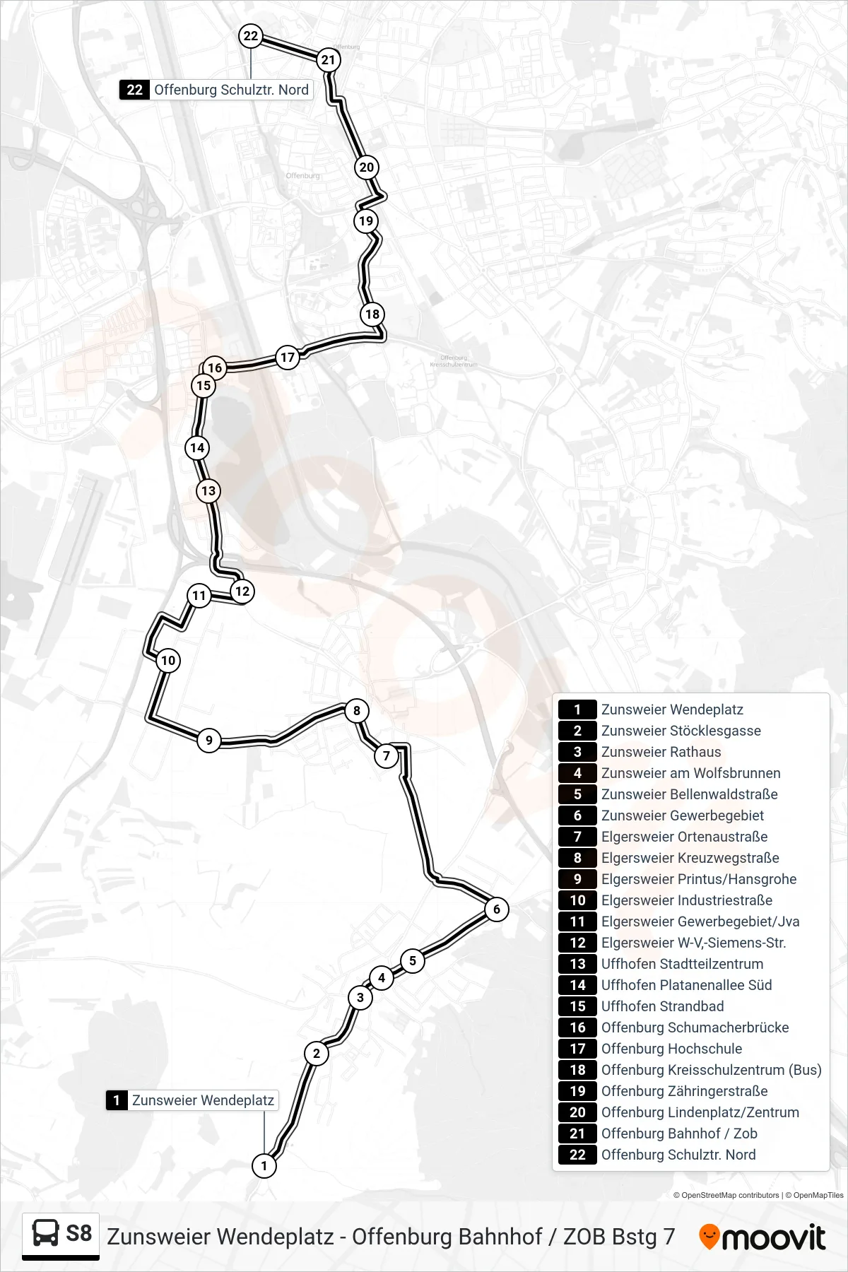 S8 tram Line (Offenburg Schulztr. Nord) route and stops on a map