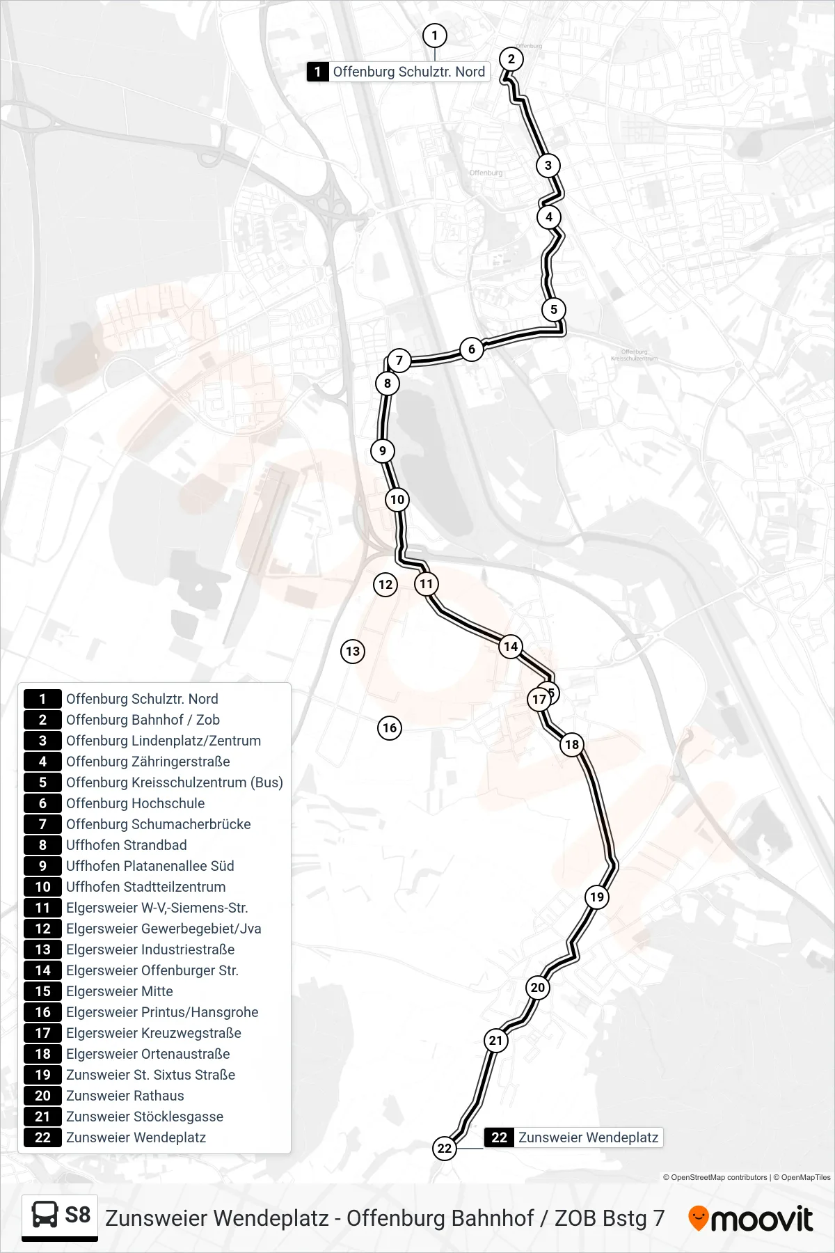 Linie S8 (Tram) Richtung Zunsweier Wendeplatz: Route und Haltestellen auf der Karte