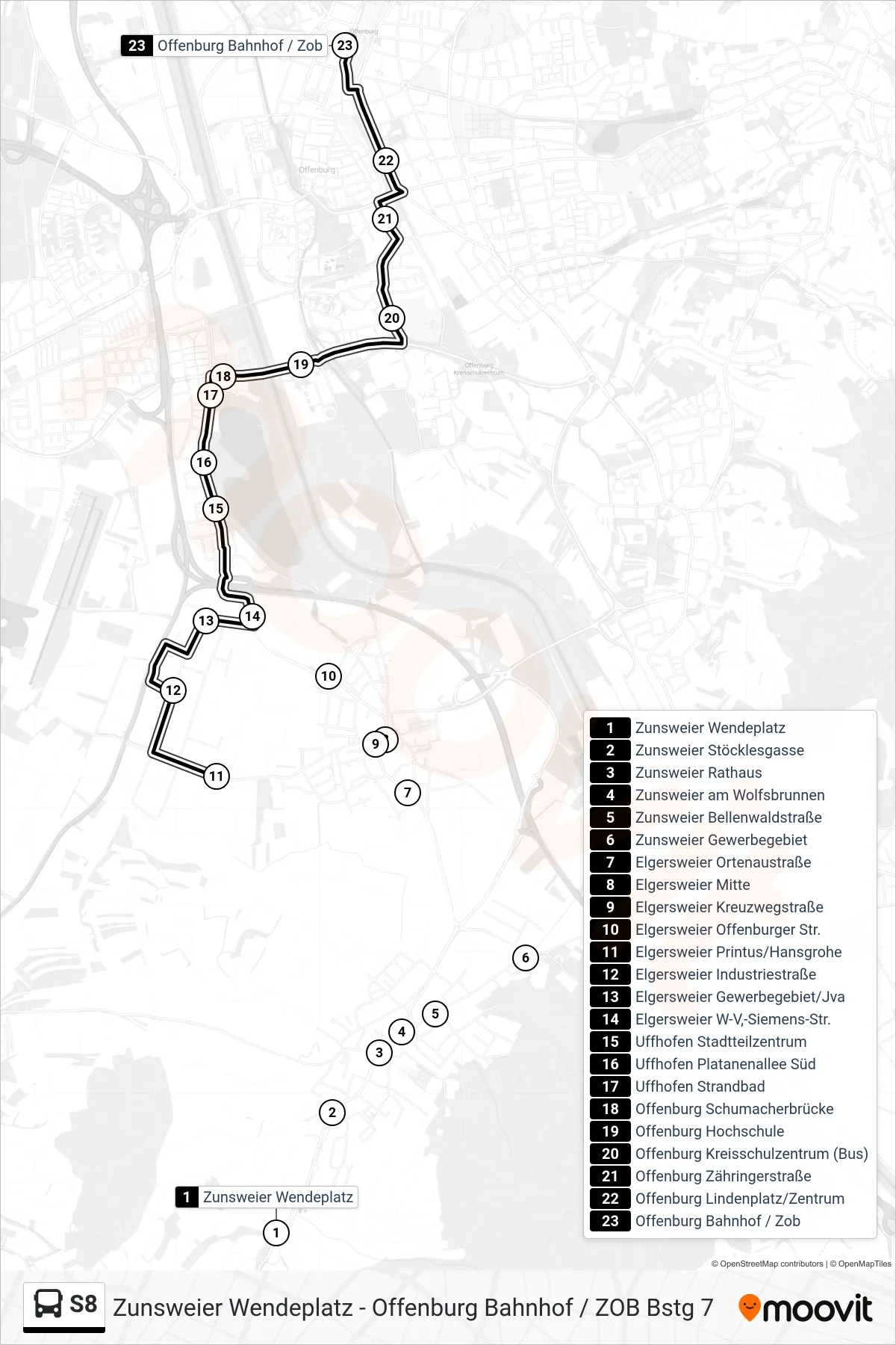 S8 tram Line (Offenburg Bahnhof / Zob) route and stops on a map