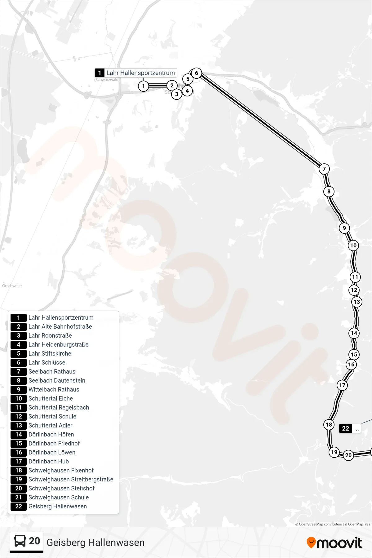 Linie 20 (Bus) Richtung Geisberg Hallenwasen: Route und Haltestellen auf der Karte