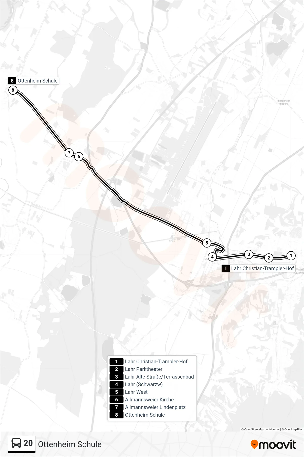 20 bus Line (Ottenheim Schule) route and stops on a map