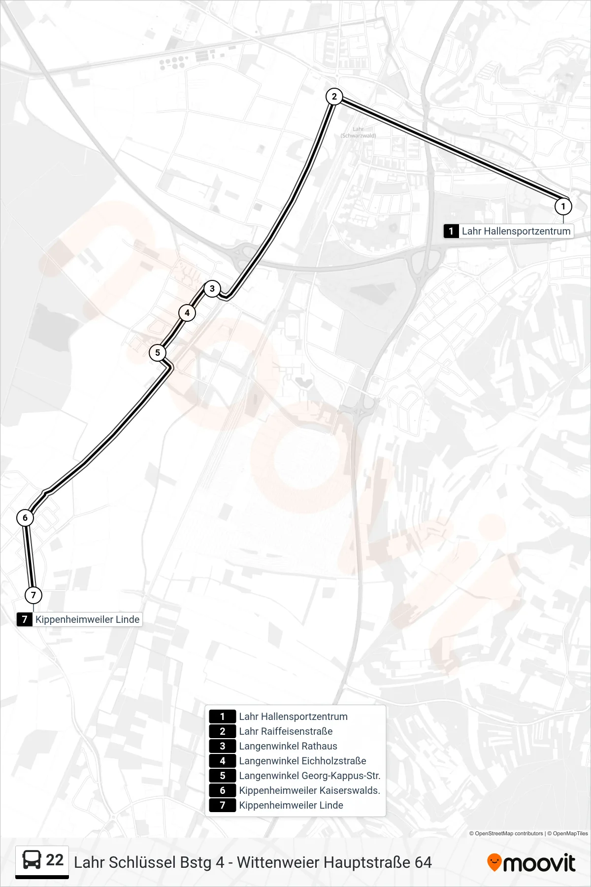 22 bus Line (Kippenheimweiler Linde) route and stops on a map