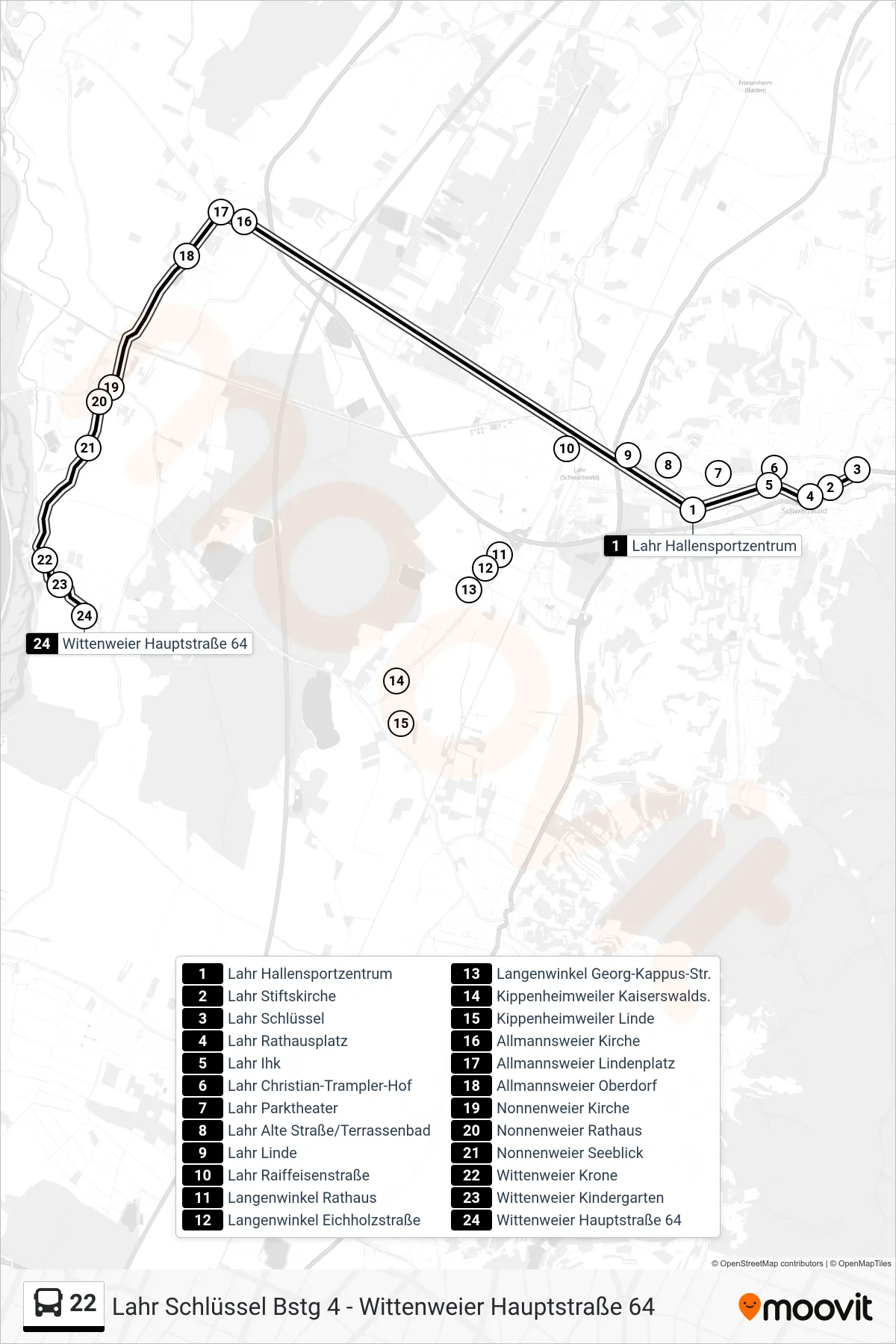 22 bus Line (Wittenweier Hauptstraße 64) route and stops on a map