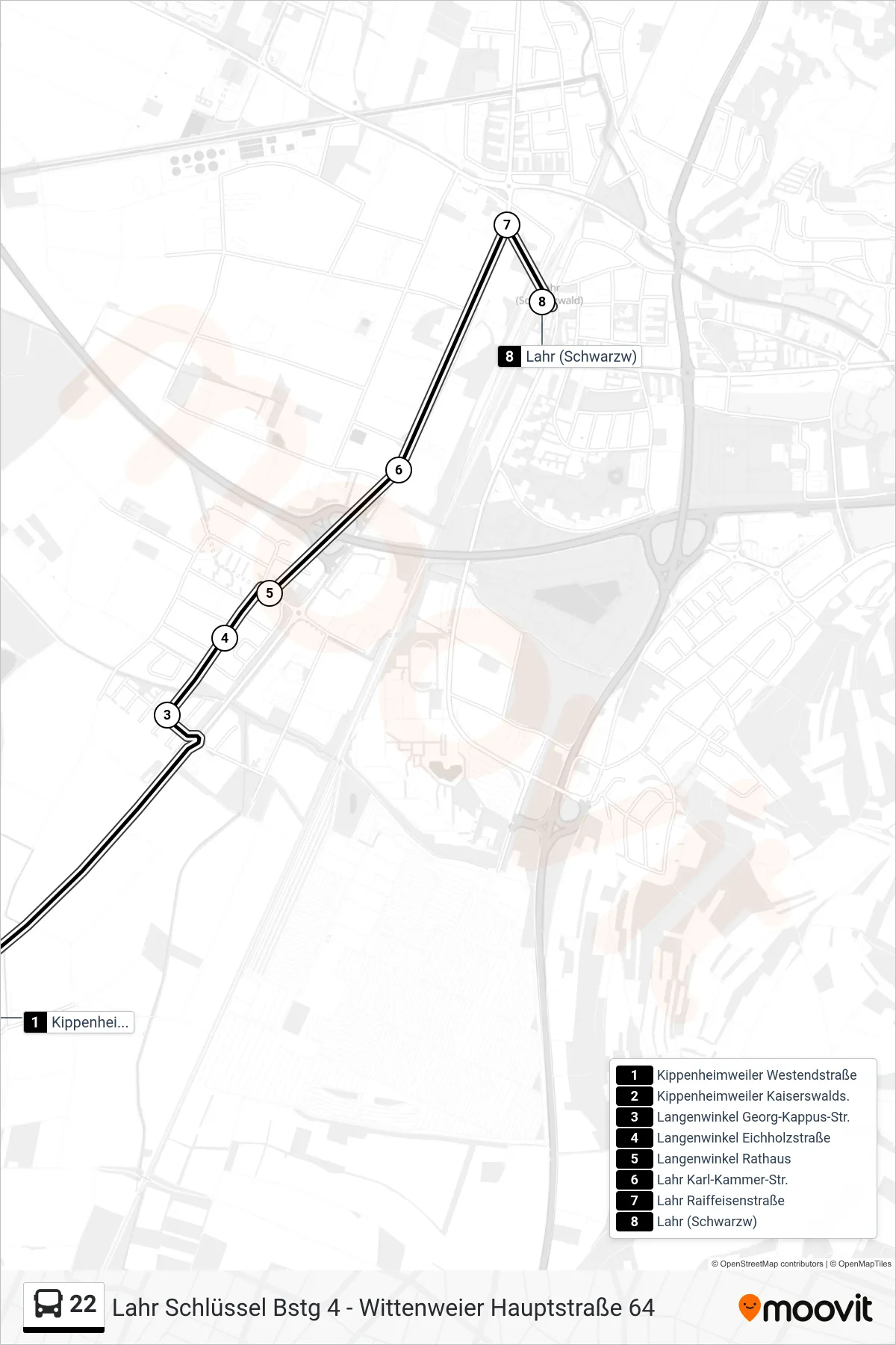 22 bus Line (Lahr (Schwarzw)) route and stops on a map
