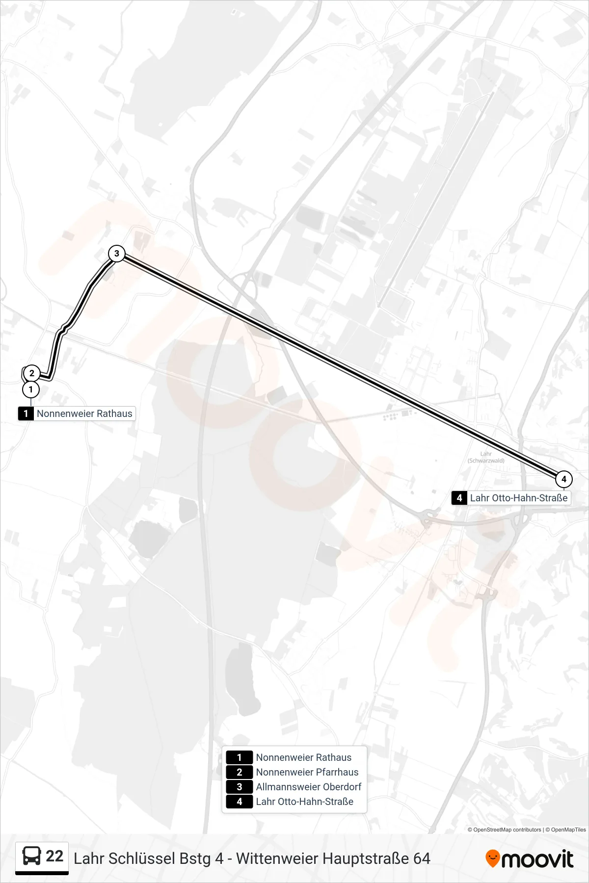 Linie 22 (Bus) Richtung Lahr Otto-Hahn-Straße: Route und Haltestellen auf der Karte