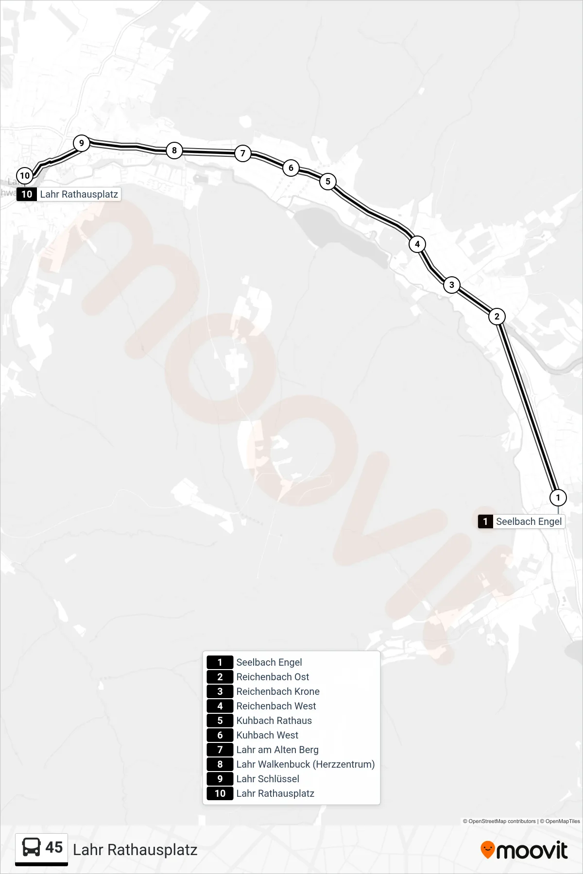 45 bus Line (Lahr Rathausplatz) route and stops on a map