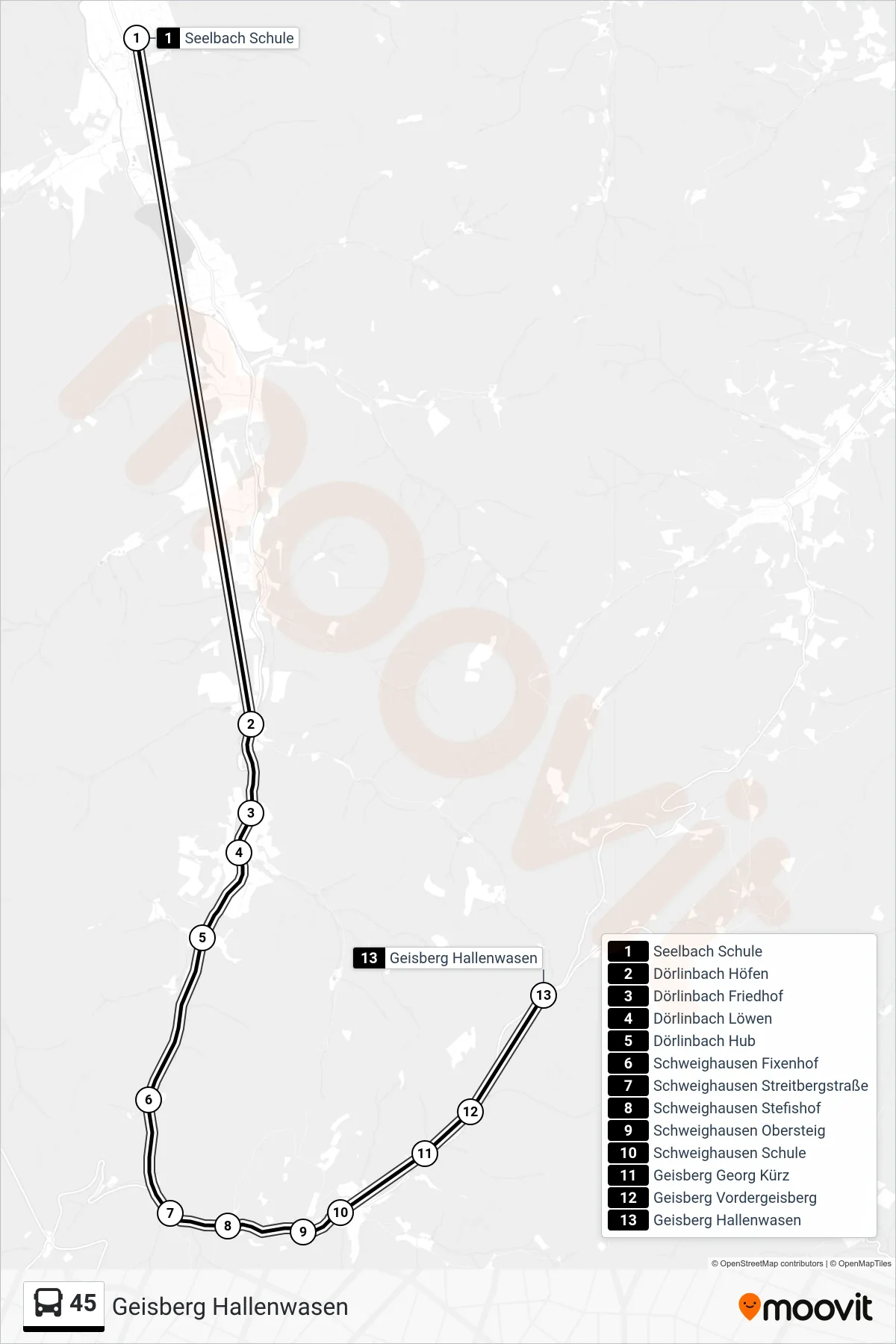 45 bus Line (Geisberg Hallenwasen) route and stops on a map