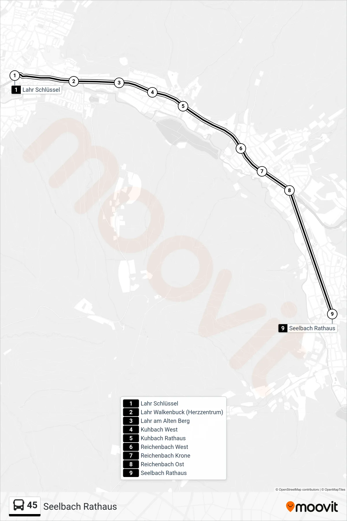 45 bus Line (Seelbach Rathaus) route and stops on a map