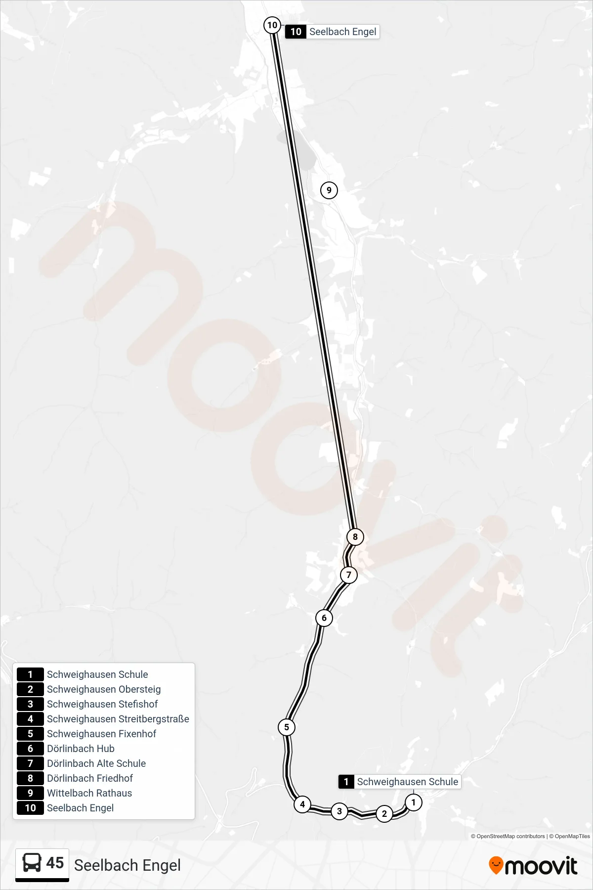 45 bus Line (Seelbach Engel) route and stops on a map