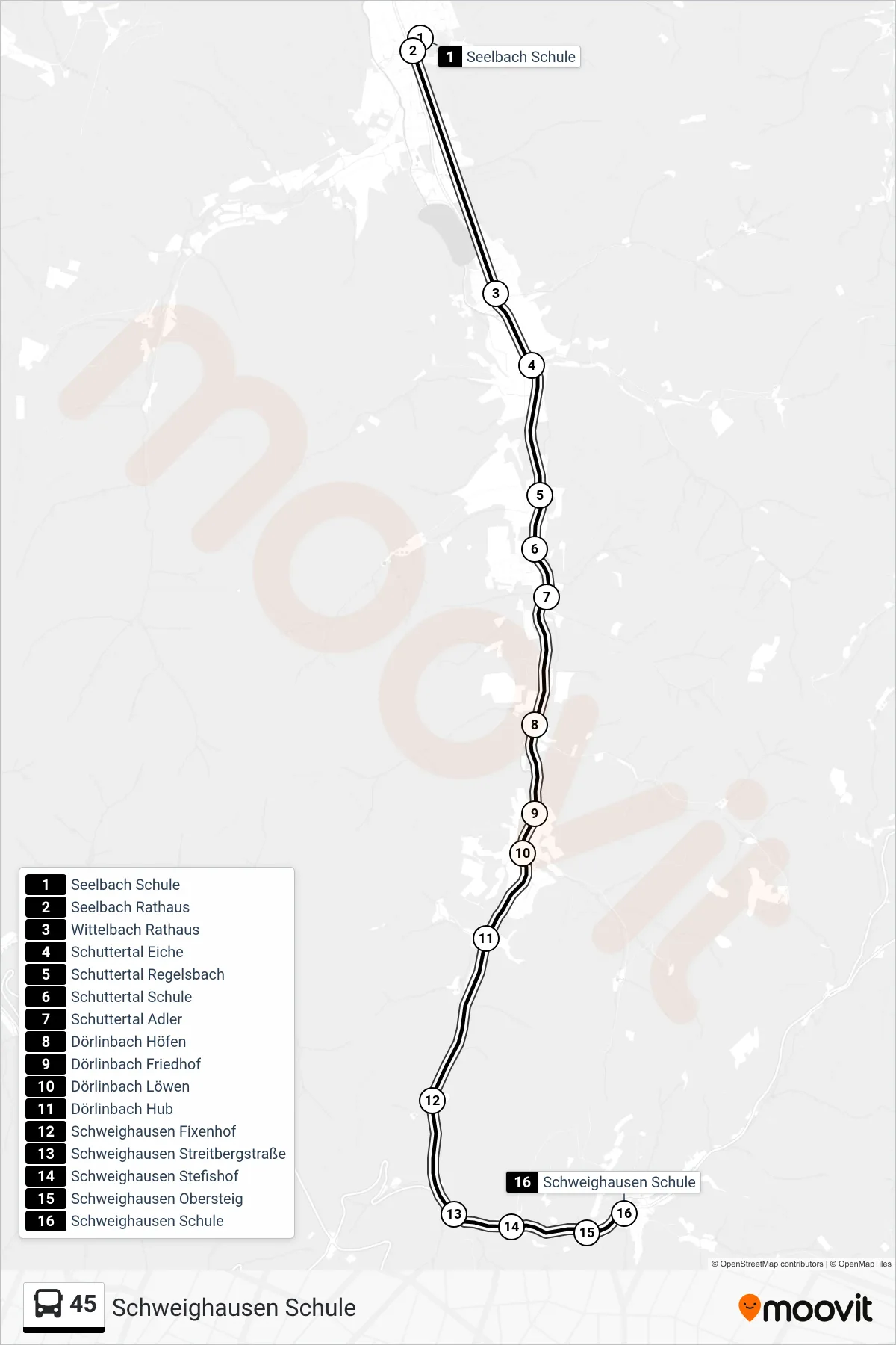 45 bus Line (Schweighausen Schule) route and stops on a map