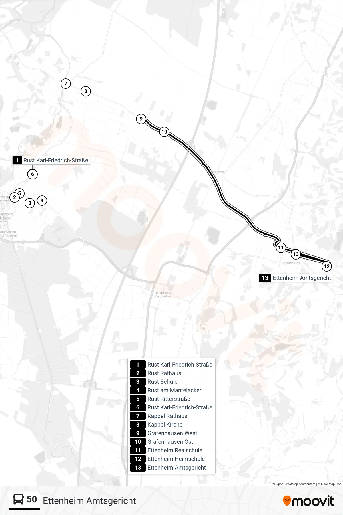 50 bus Line (Ettenheim Amtsgericht) route and stops on a map