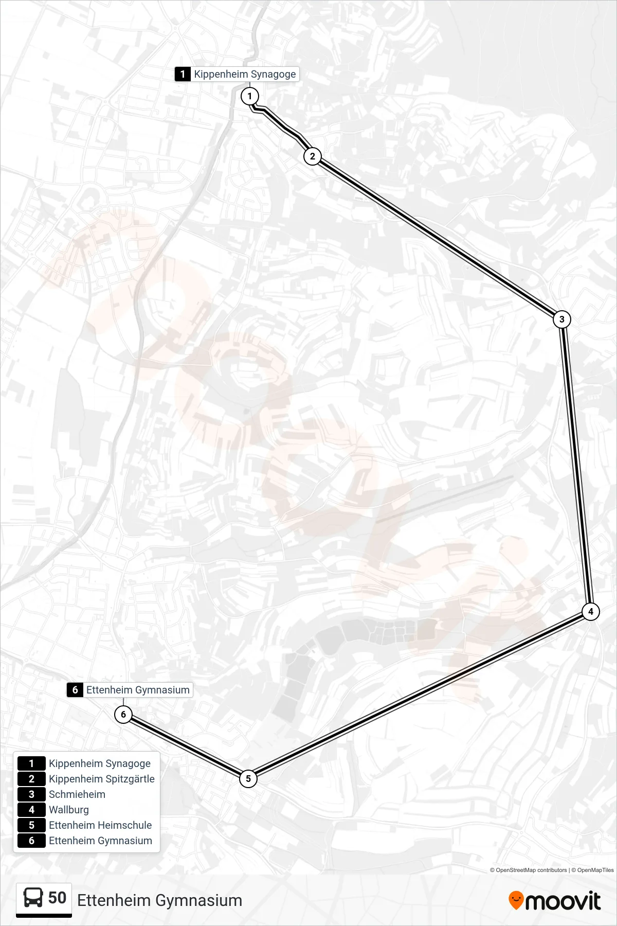 50 bus Line (Ettenheim Gymnasium) route and stops on a map
