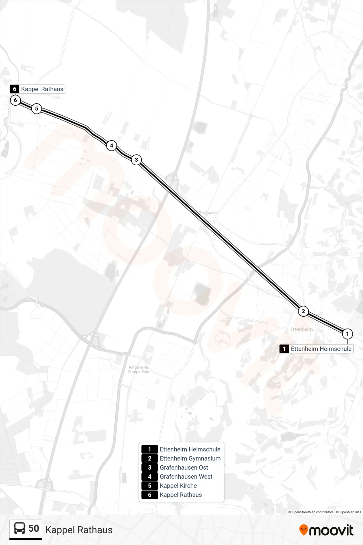 50 bus Line (Kappel Rathaus) route and stops on a map