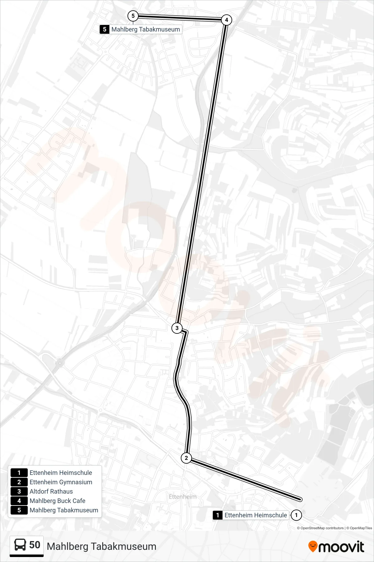 50 bus Line (Mahlberg Tabakmuseum) route and stops on a map
