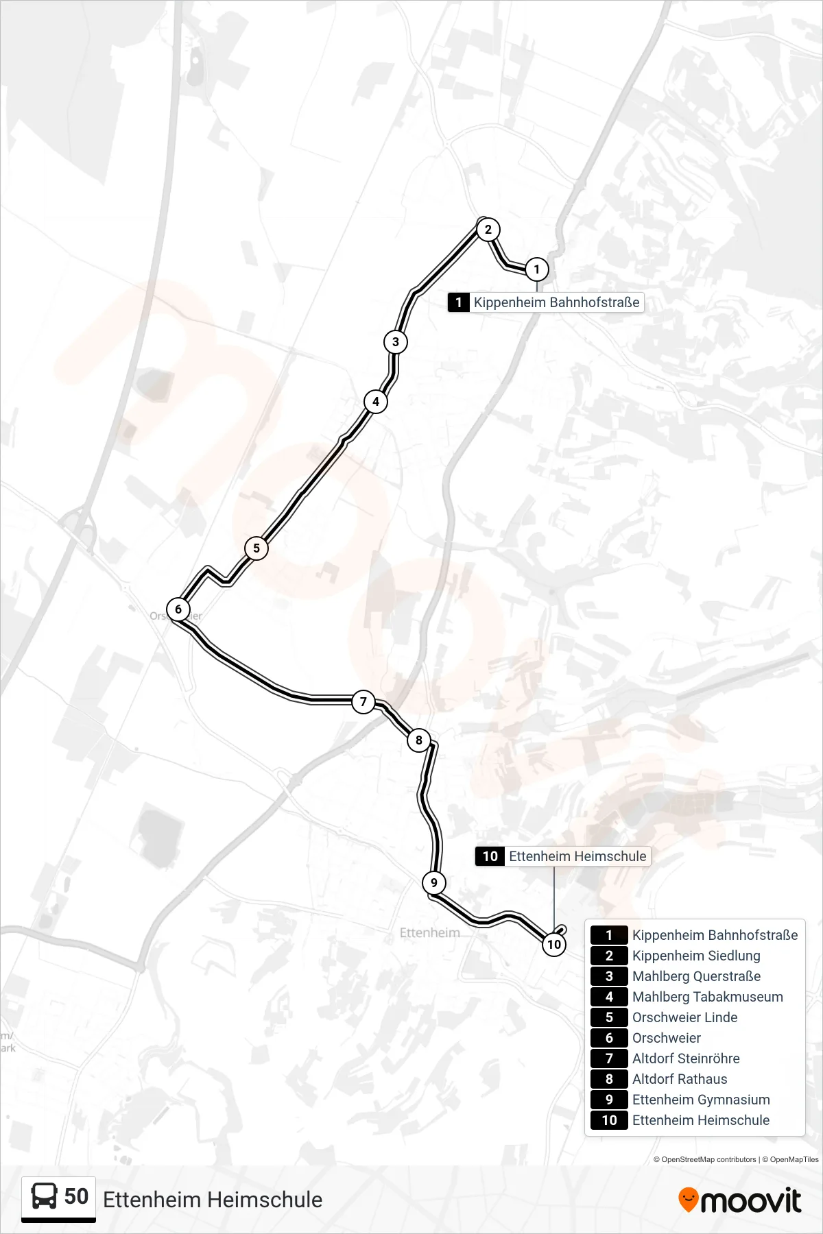50 bus Line (Ettenheim Heimschule) route and stops on a map