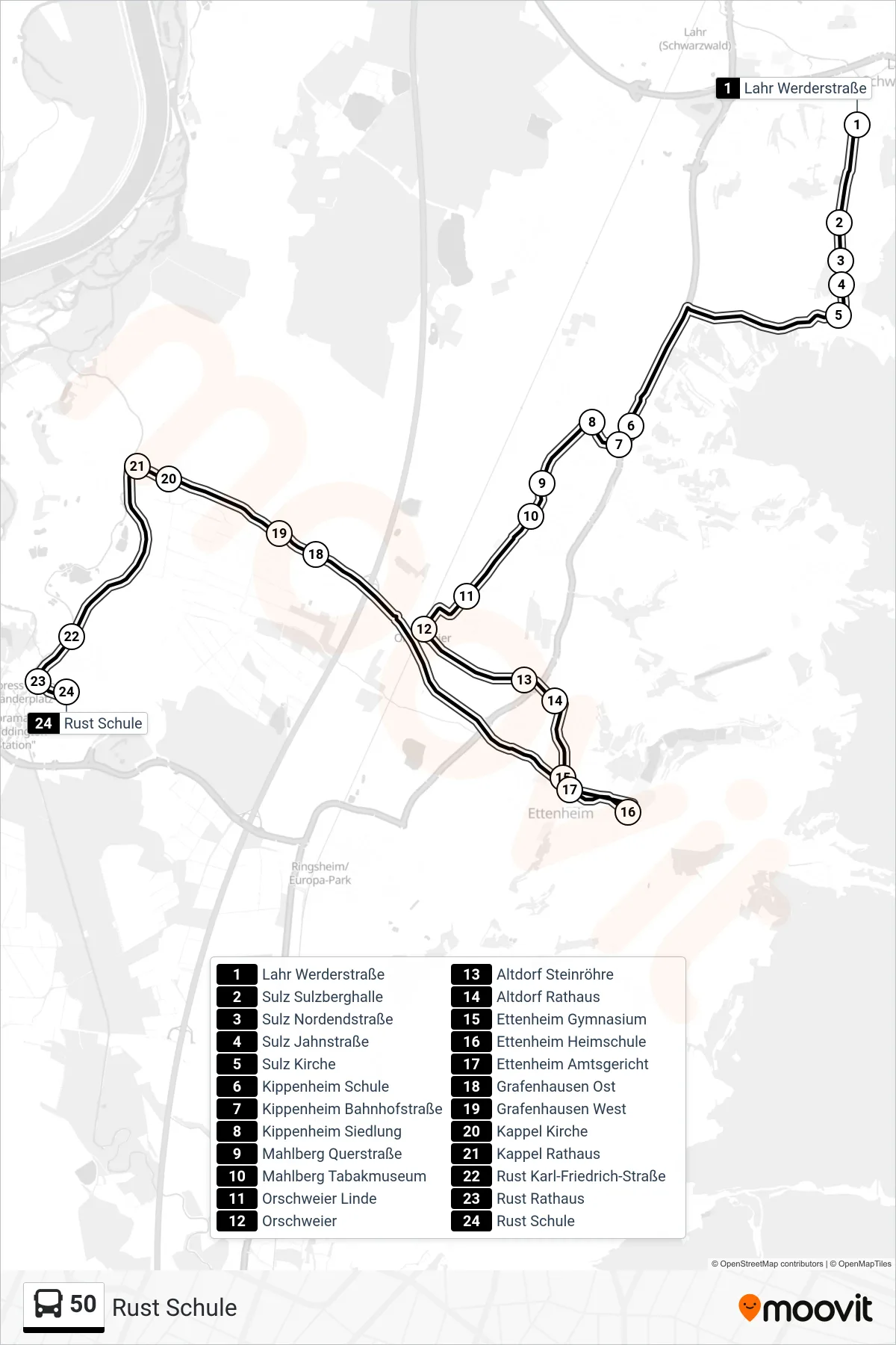 50 bus Line (Rust Schule) route and stops on a map