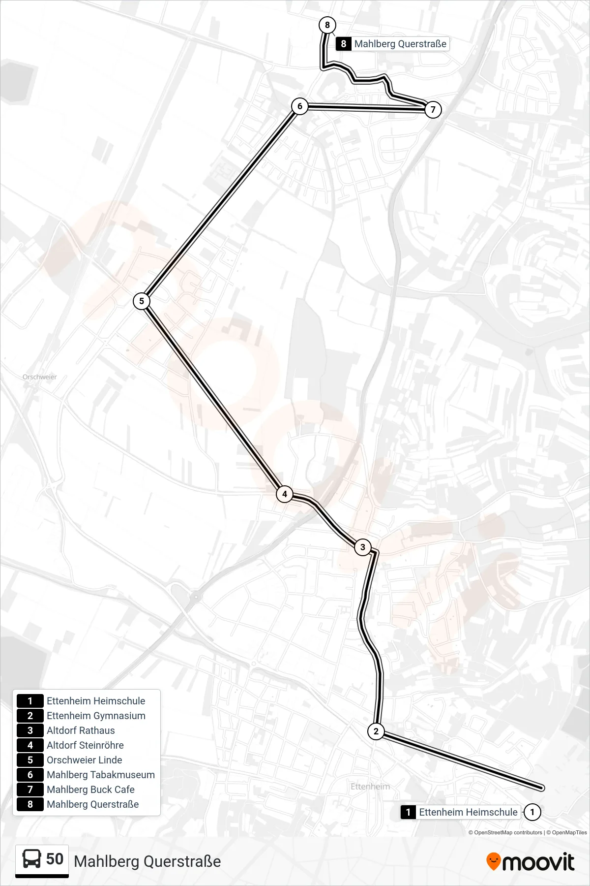 50 bus Line (Mahlberg Querstraße) route and stops on a map
