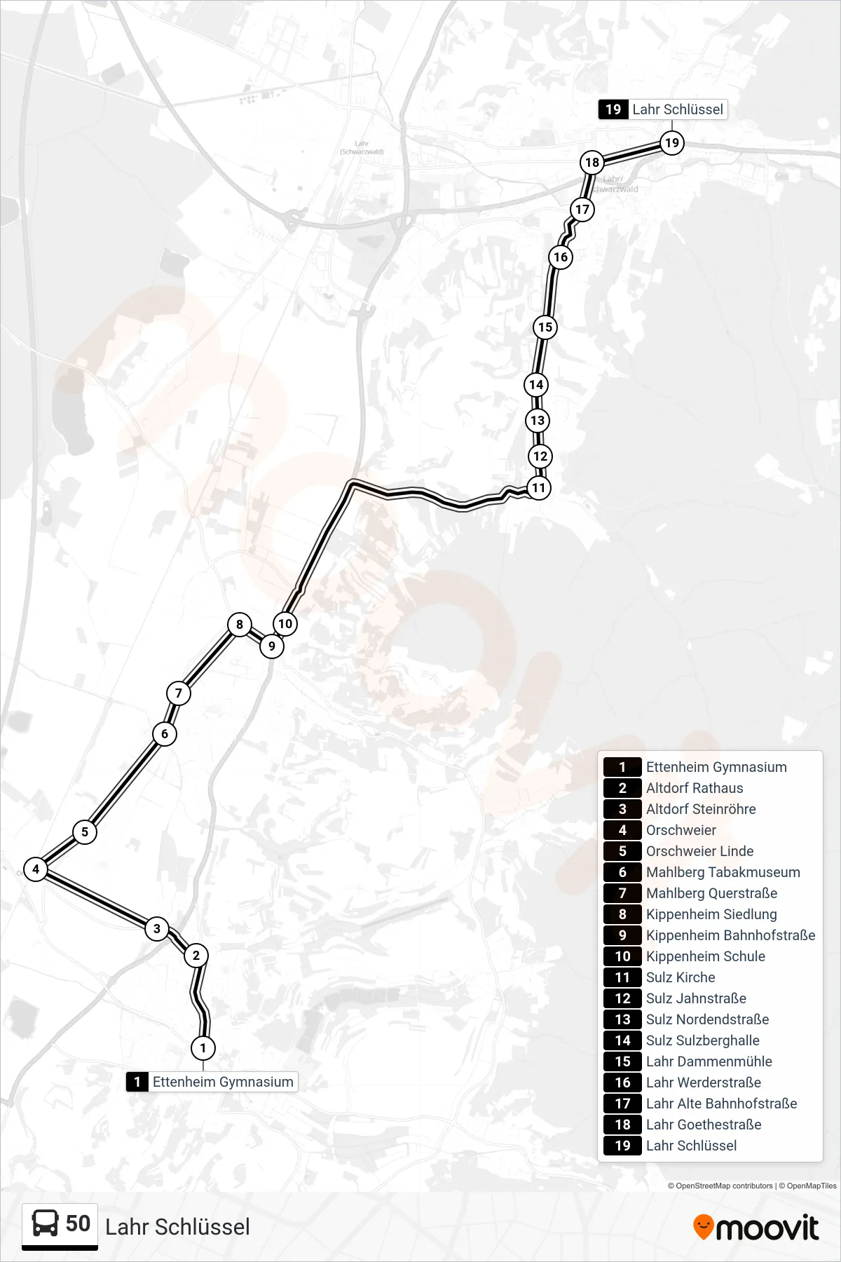 50 bus Line (Lahr Schlüssel) route and stops on a map