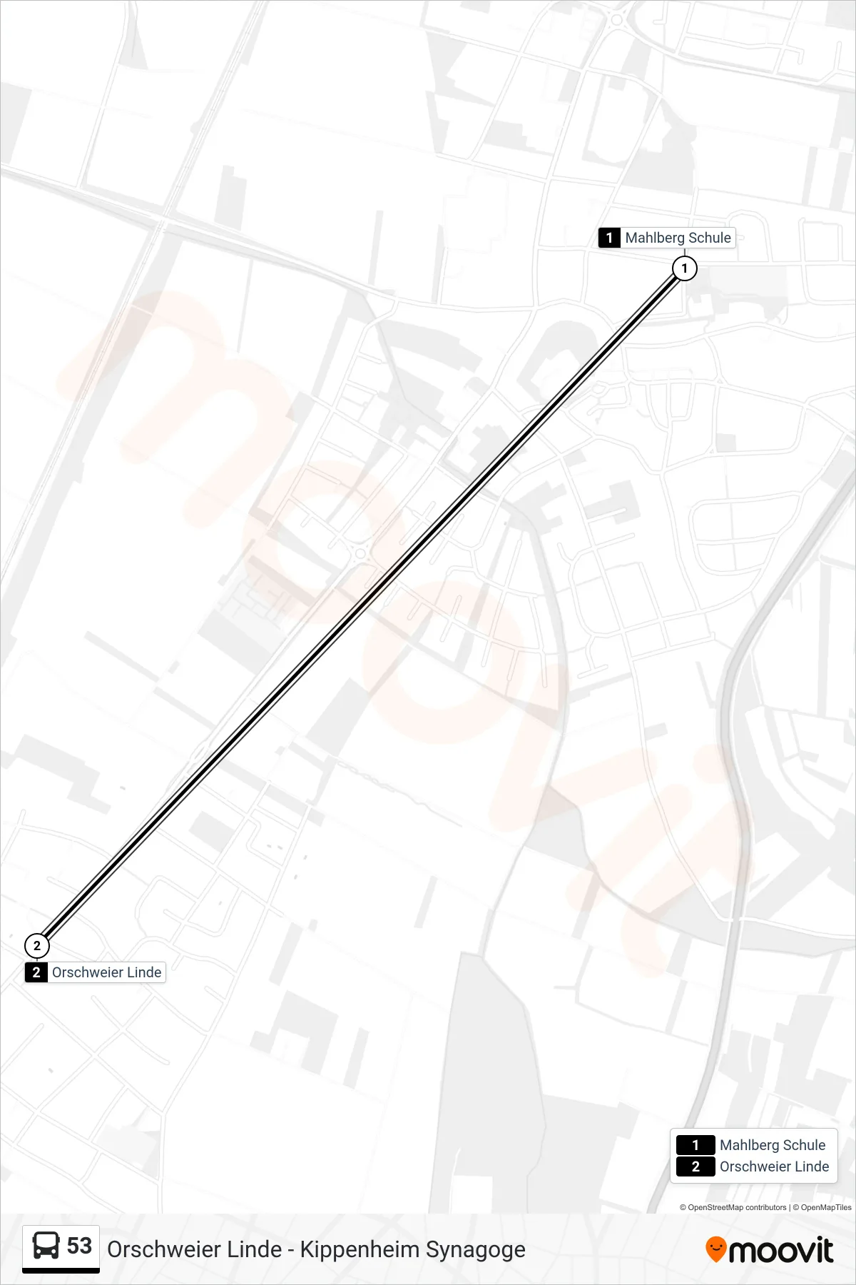 53 bus Line (Orschweier Linde) route and stops on a map