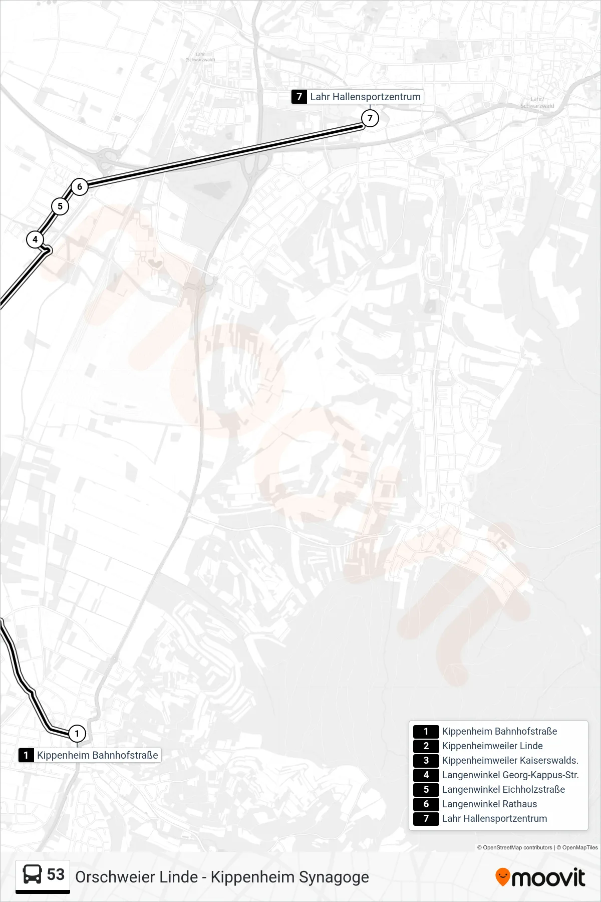 53 bus Line (Lahr Hallensportzentrum) route and stops on a map
