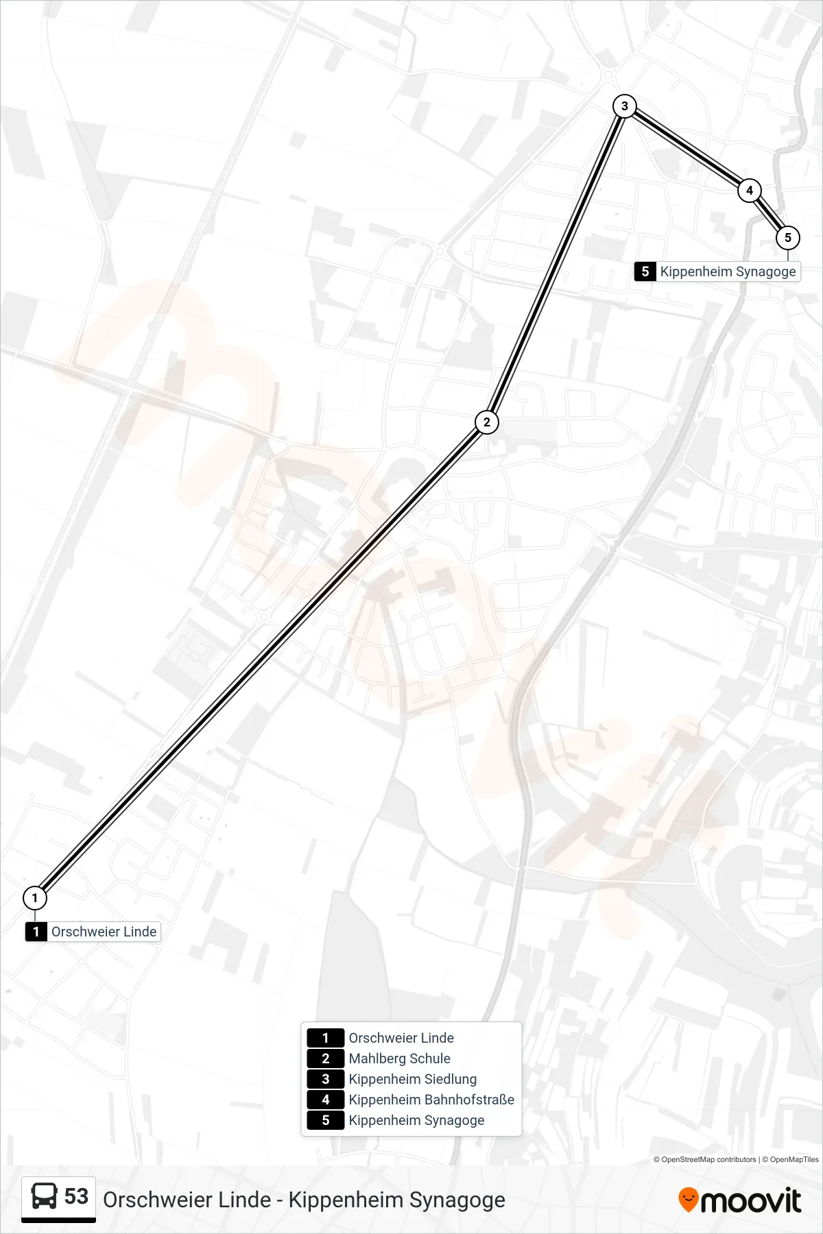 53 bus Line (Kippenheim Synagoge) route and stops on a map