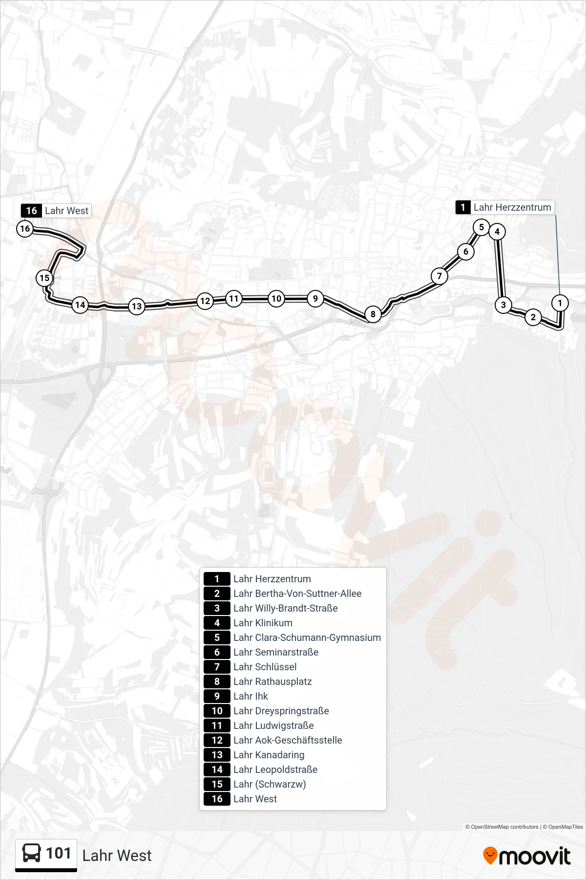 101 bus Line (Lahr West) route and stops on a map
