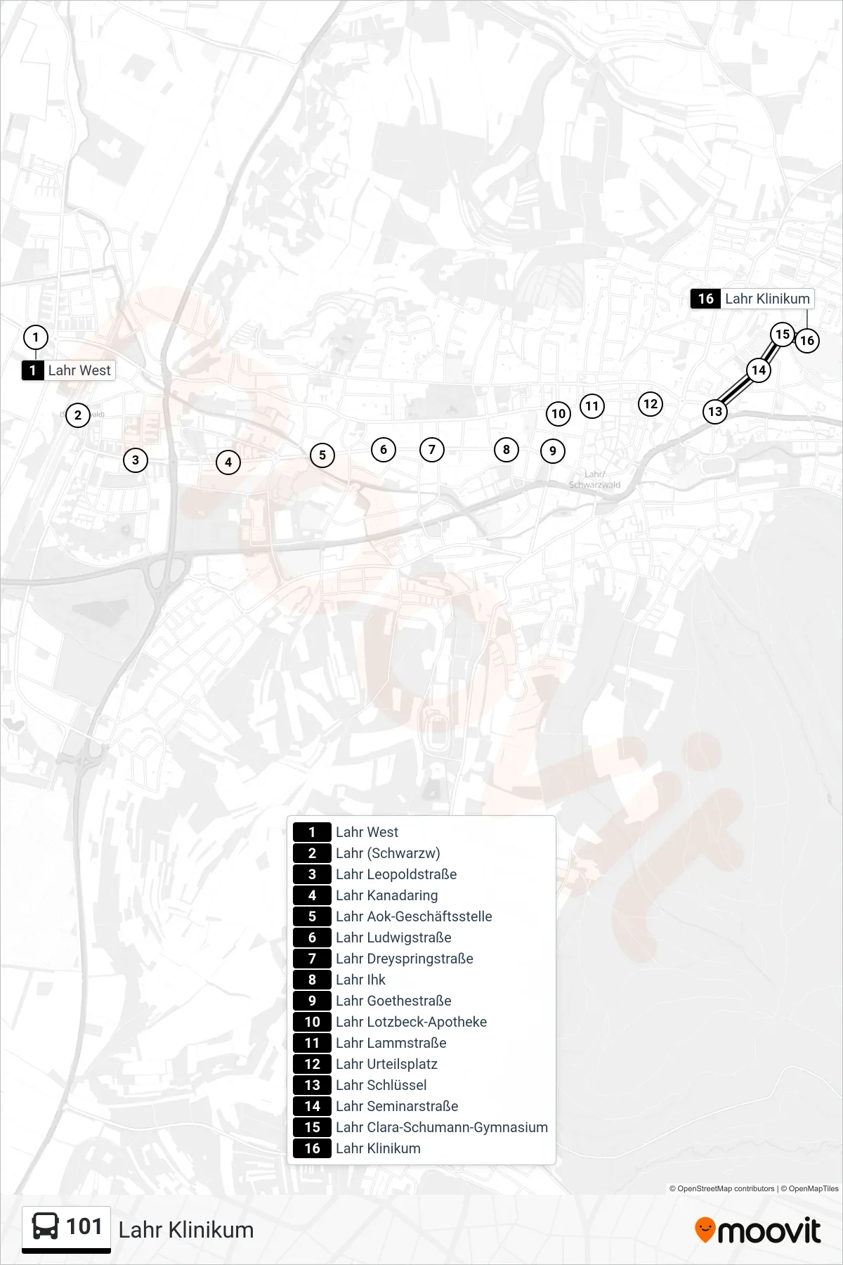101 bus Line (Lahr Klinikum) route and stops on a map