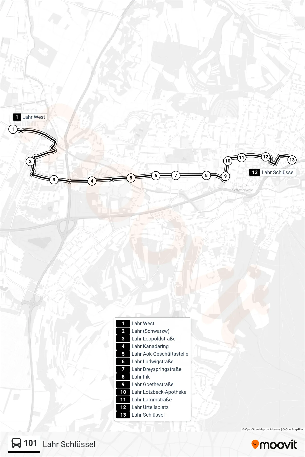101 bus Line (Lahr Schlüssel) route and stops on a map