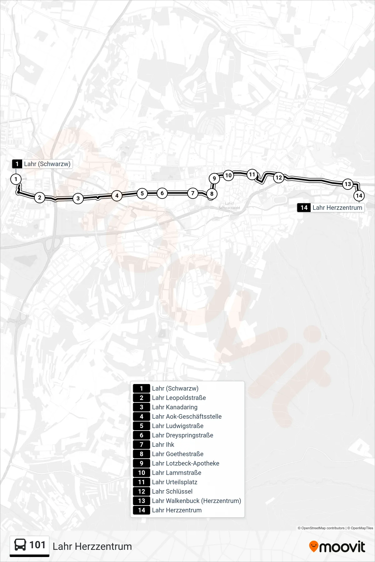 Linie 101 (Bus) Richtung Lahr Herzzentrum: Route und Haltestellen auf der Karte
