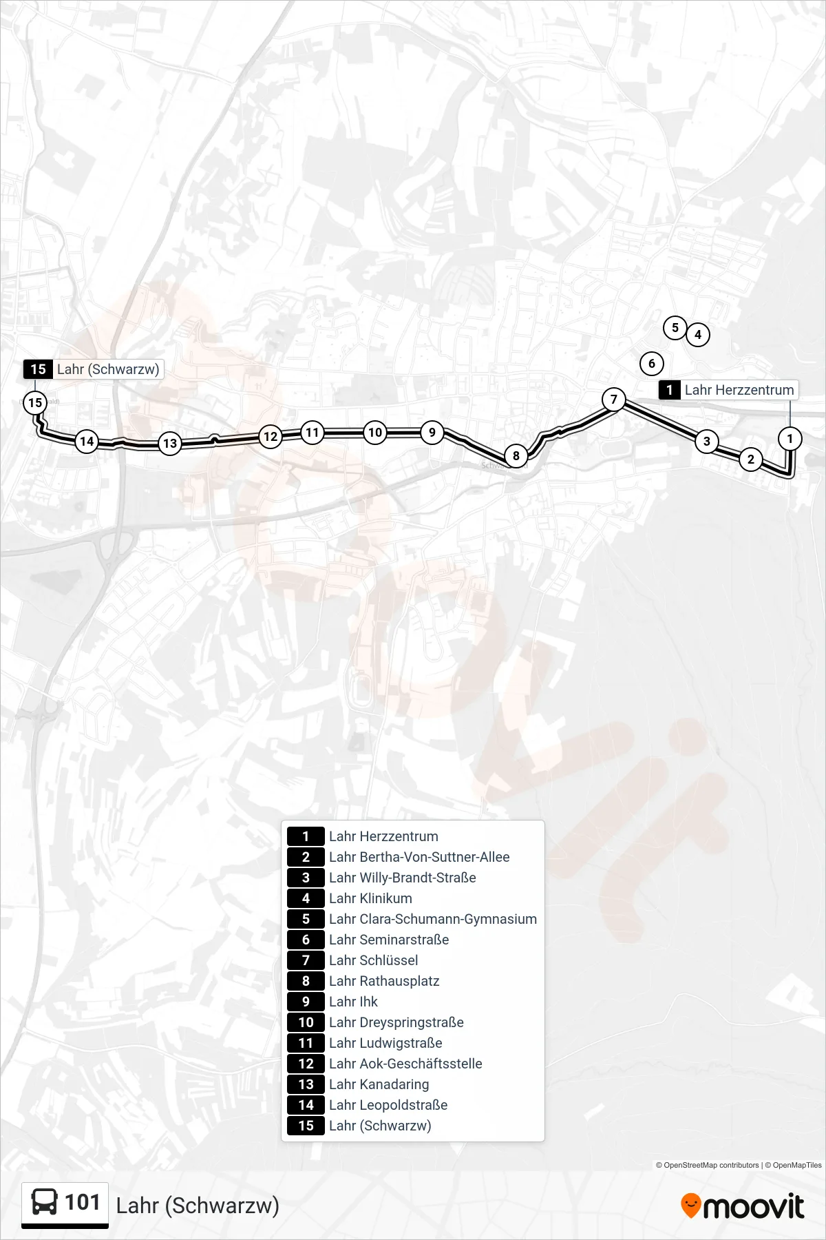 101 bus Line (Lahr (Schwarzw)) route and stops on a map
