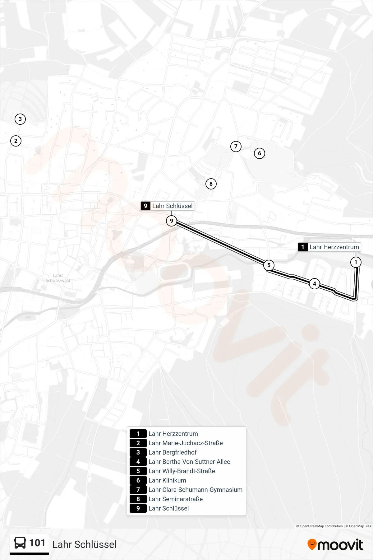 101 bus Line (Lahr Schlüssel) route and stops on a map