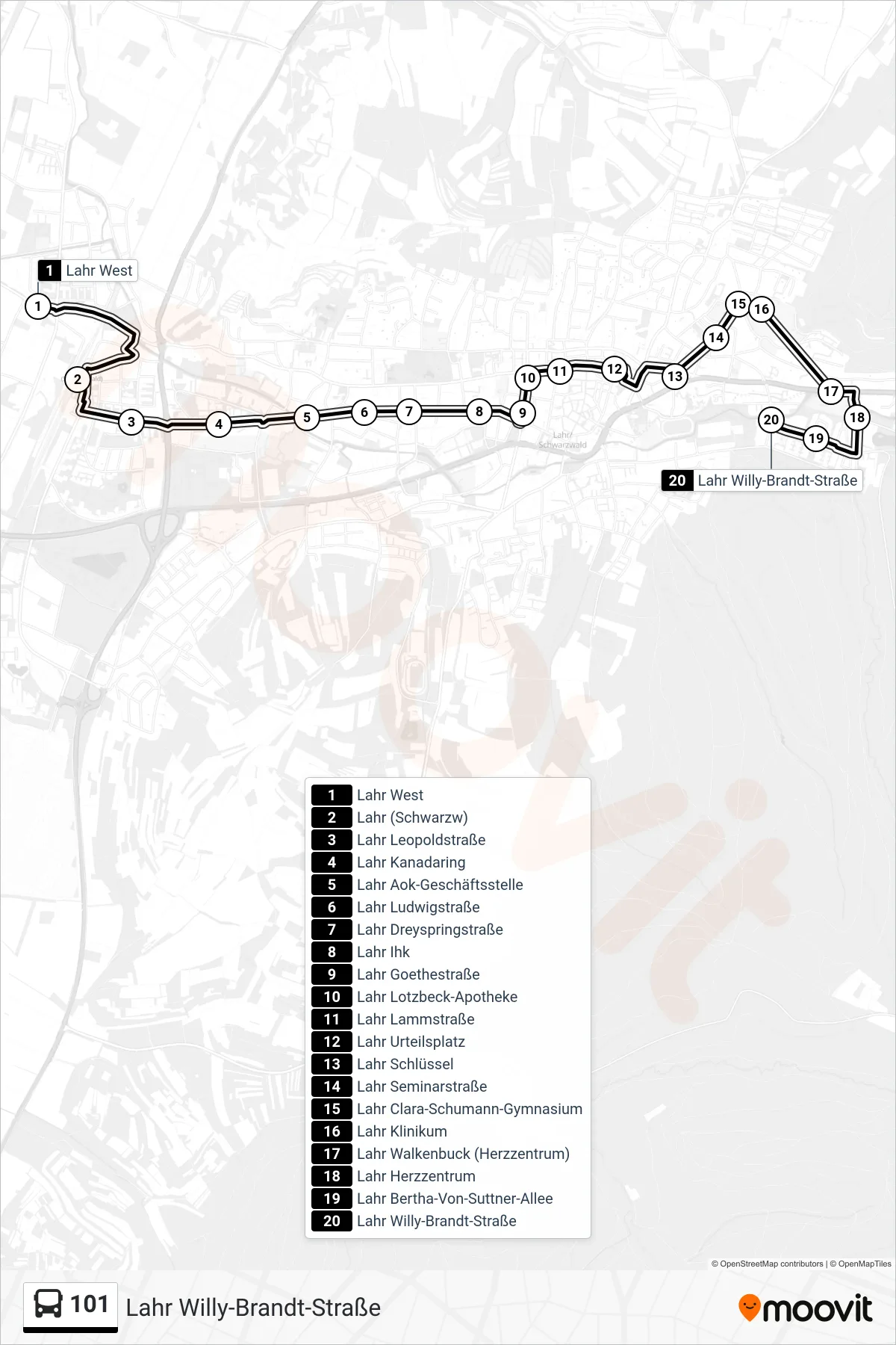 101 bus Line (Lahr Willy-Brandt-Straße) route and stops on a map