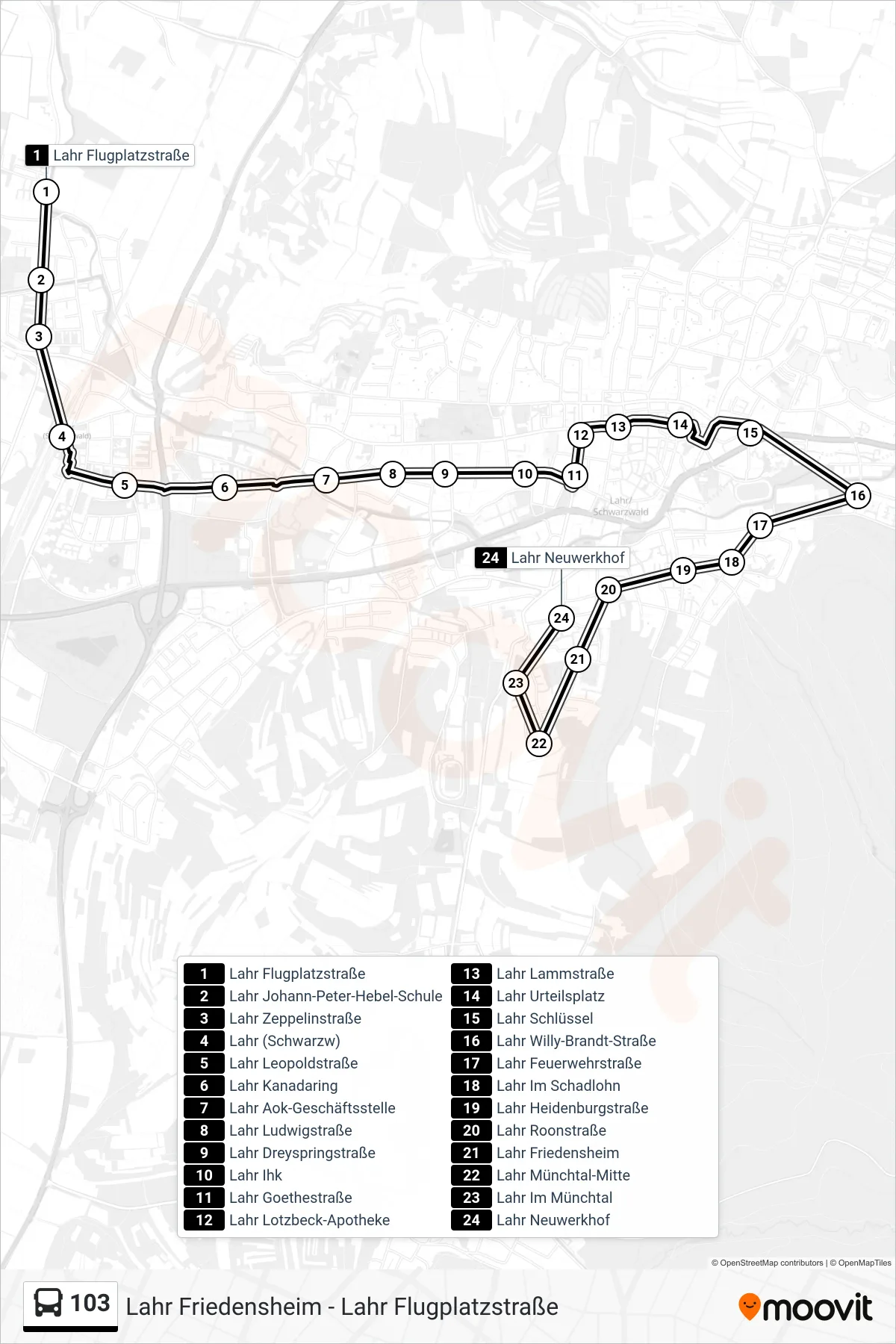 Linie 103 (Bus) Richtung Lahr Neuwerkhof: Route und Haltestellen auf der Karte