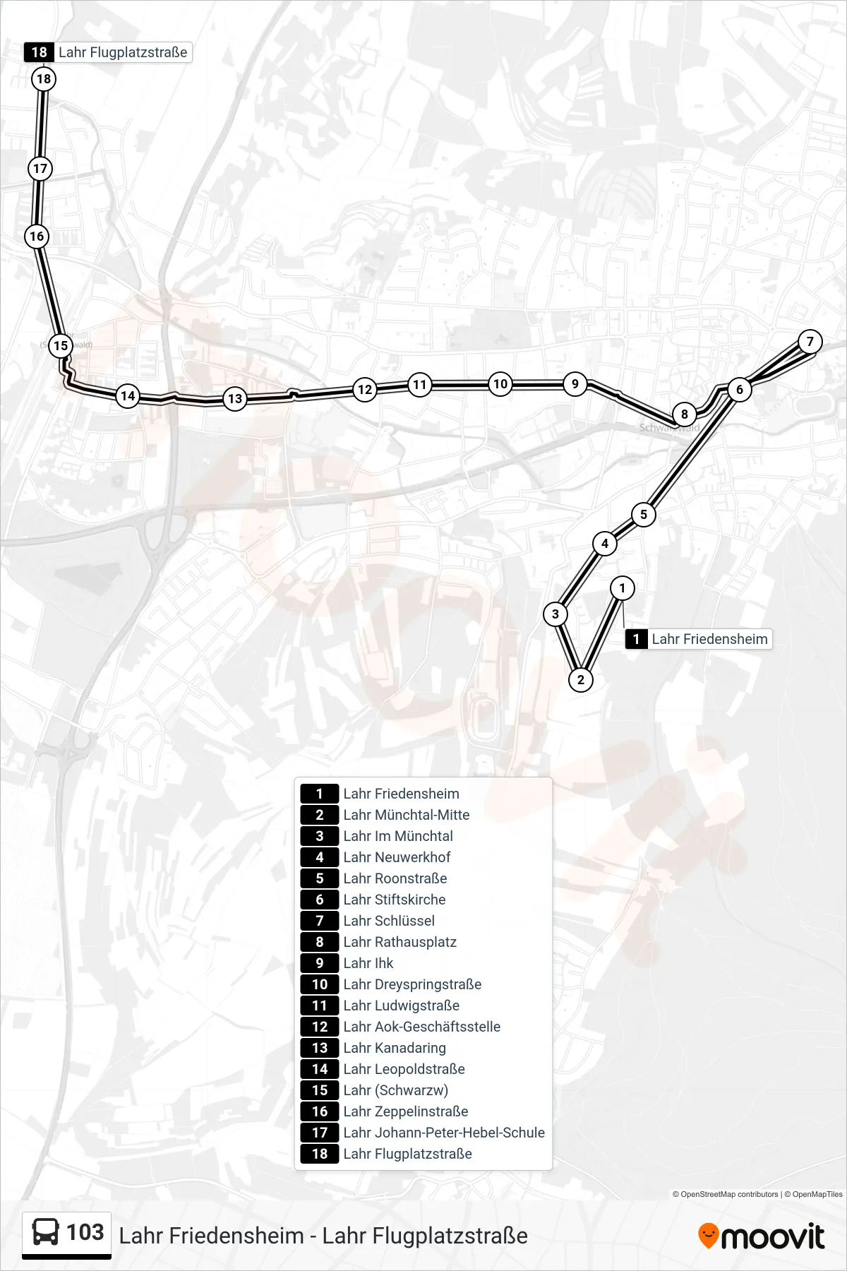 103 bus Line (Lahr Flugplatzstraße) route and stops on a map