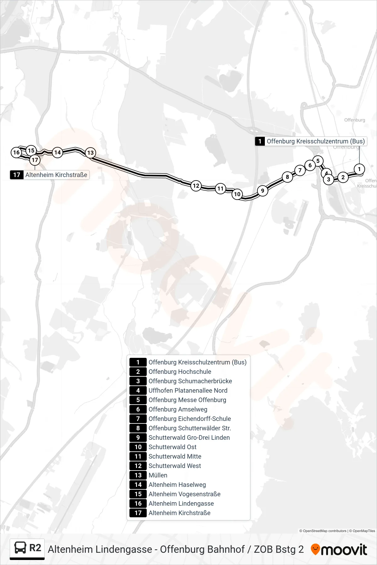 R2 tram Line (Altenheim Kirchstraße) route and stops on a map