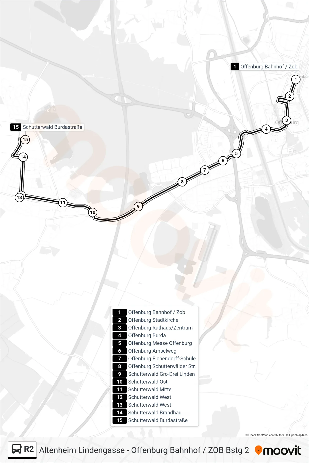 R2 tram Line (Schutterwald Burdastraße) route and stops on a map