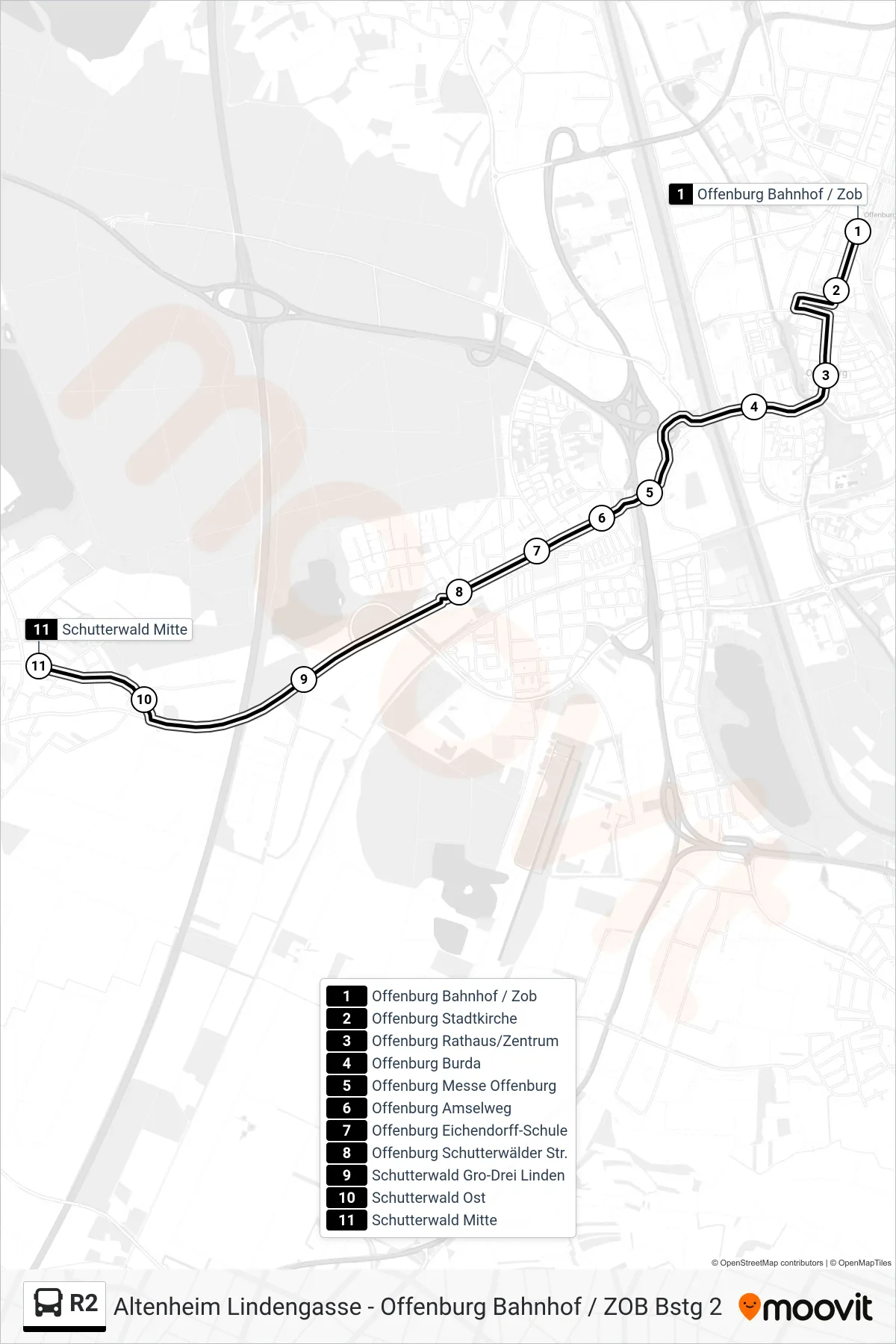 R2 tram Line (Schutterwald Mitte) route and stops on a map