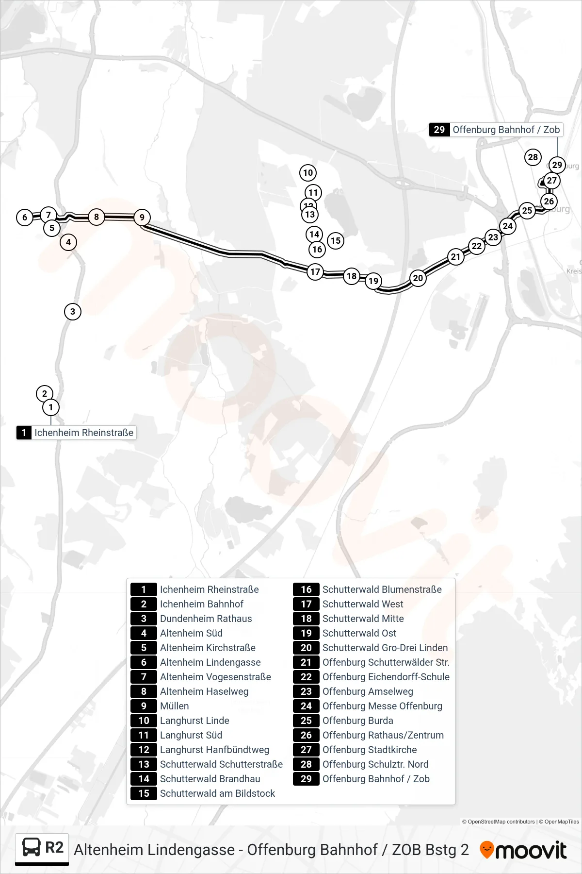 R2 tram Line (Offenburg Bahnhof / Zob) route and stops on a map