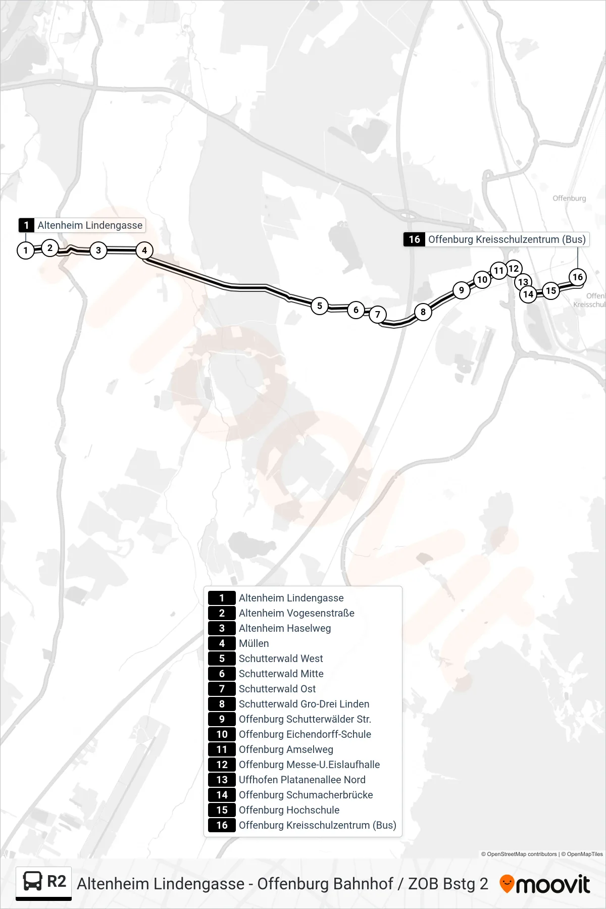 R2 tram Line (Offenburg Kreisschulzentrum (Bus)) route and stops on a map