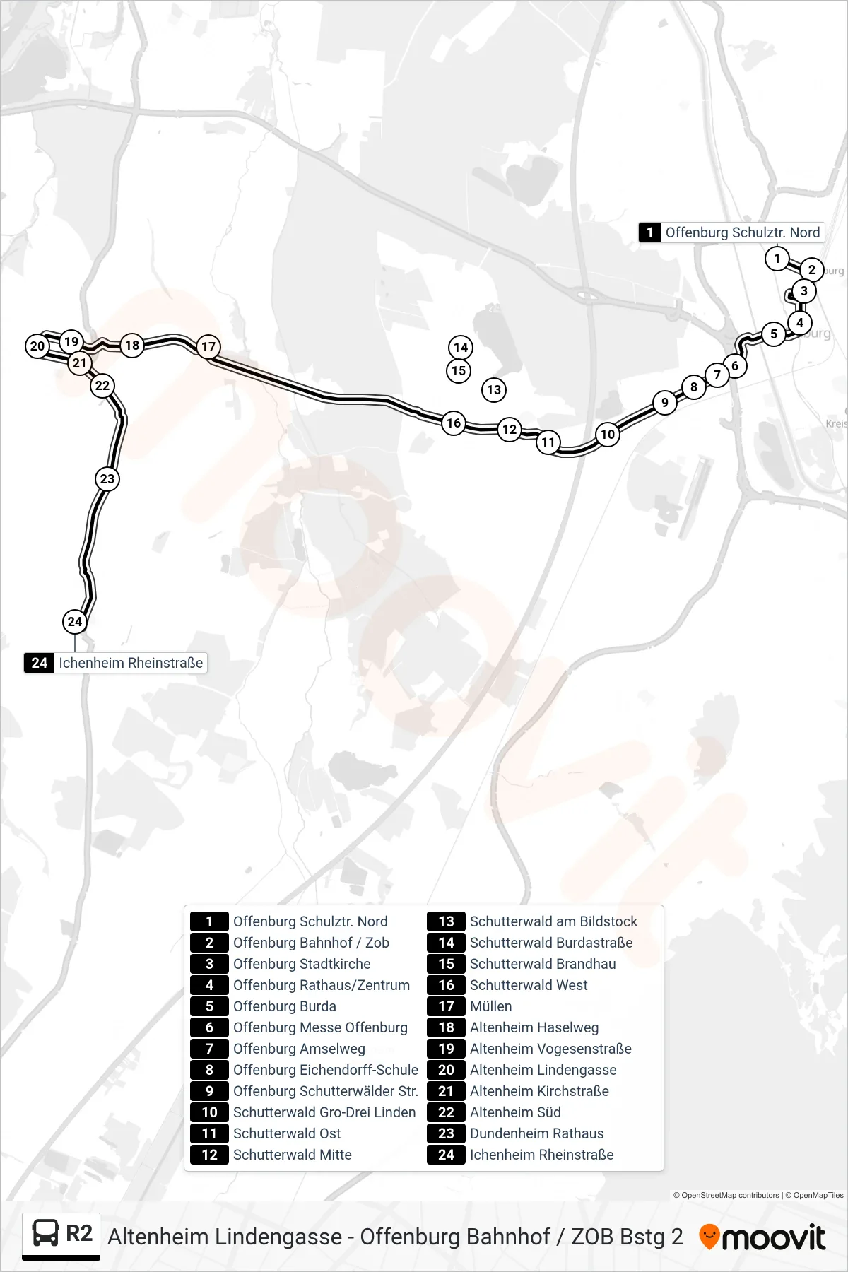 R2 tram Line (Ichenheim Rheinstraße) route and stops on a map