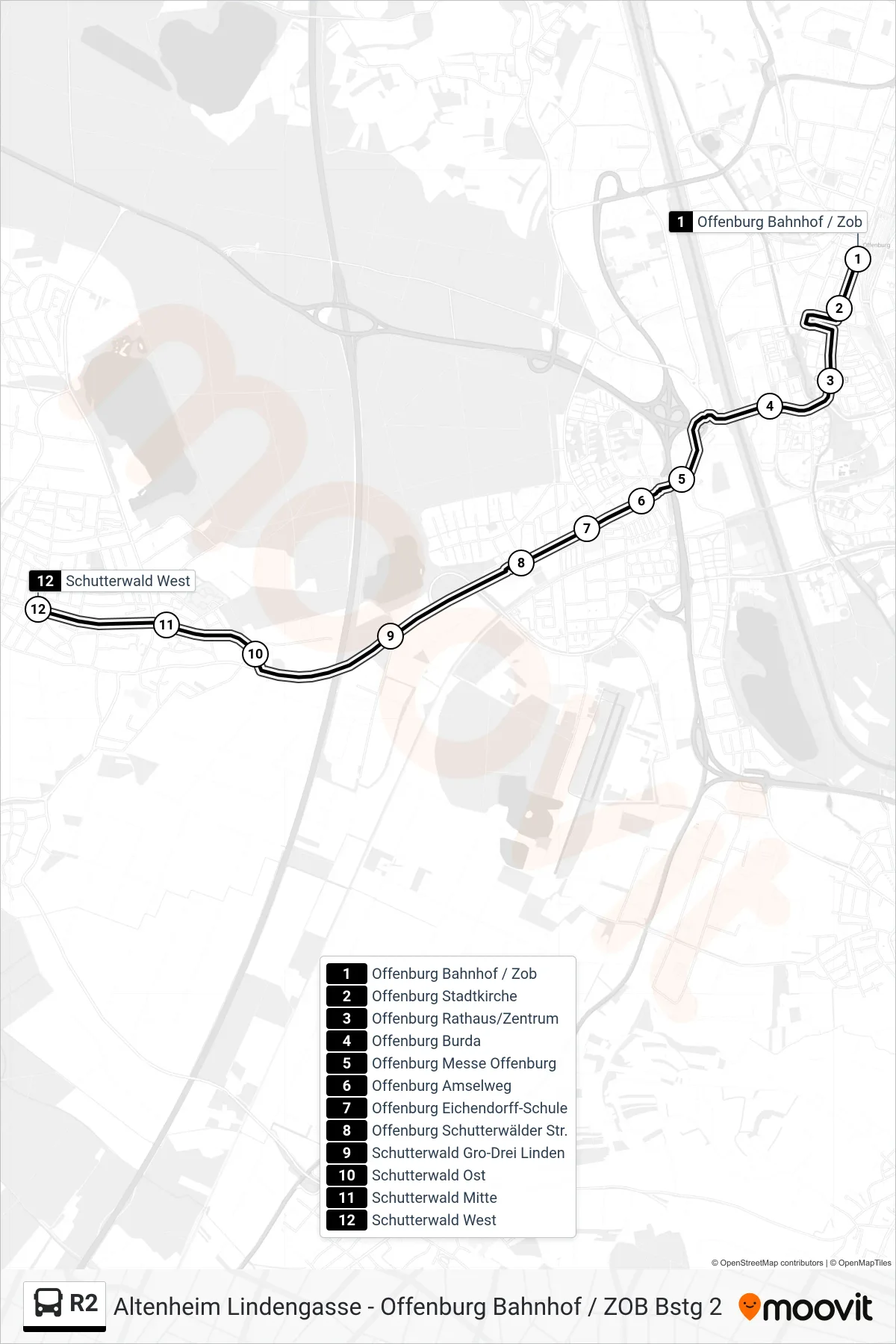 R2 tram Line (Schutterwald West) route and stops on a map