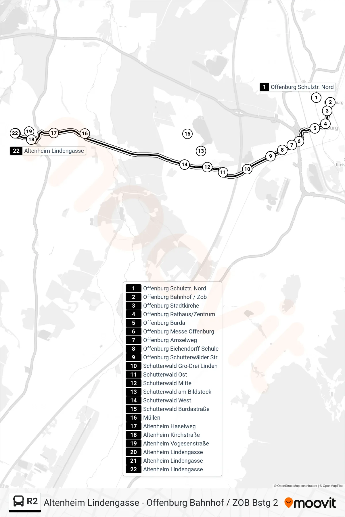 R2 tram Line (Altenheim Lindengasse) route and stops on a map