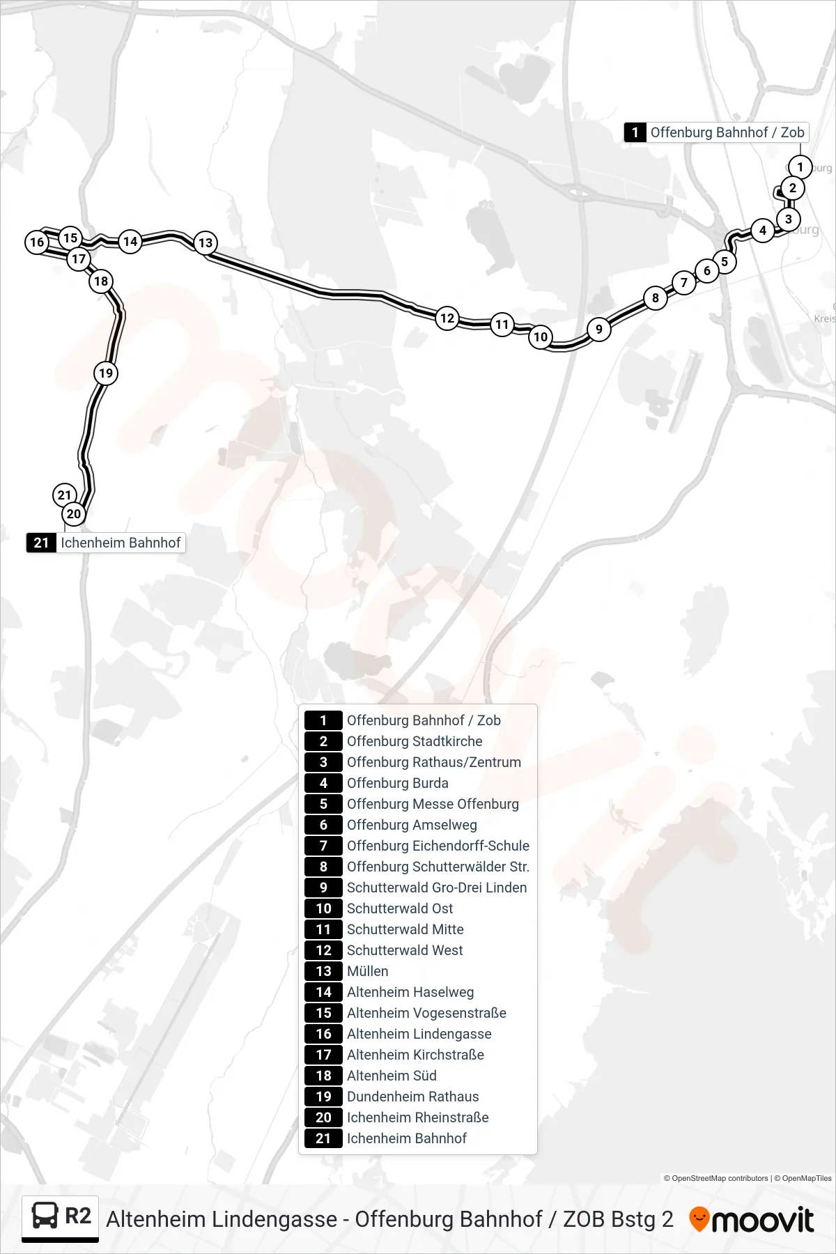 R2 tram Line (Ichenheim Bahnhof) route and stops on a map