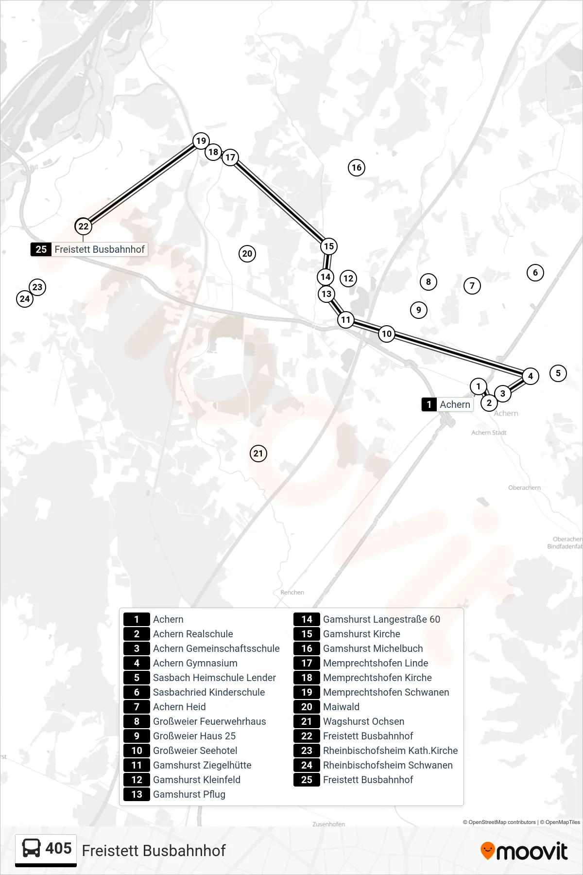 Linie 405 (Tram) Richtung Freistett Busbahnhof: Route und Haltestellen auf der Karte