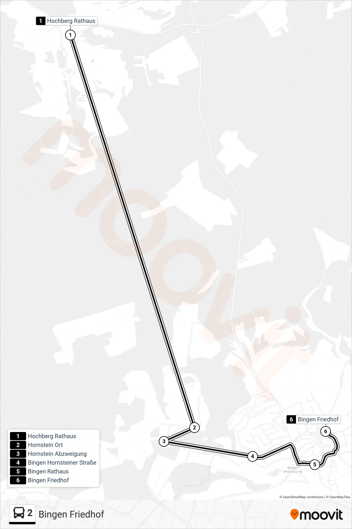 2 bus Line (Bingen Friedhof) route and stops on a map